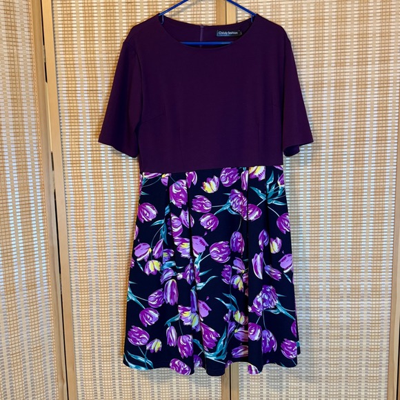 Oxiuly Fashion Dresses & Skirts - Oxiuly‎ Fashion Womens 2XL Purple Floral Tulip Print Short Sleeve Flare Dress